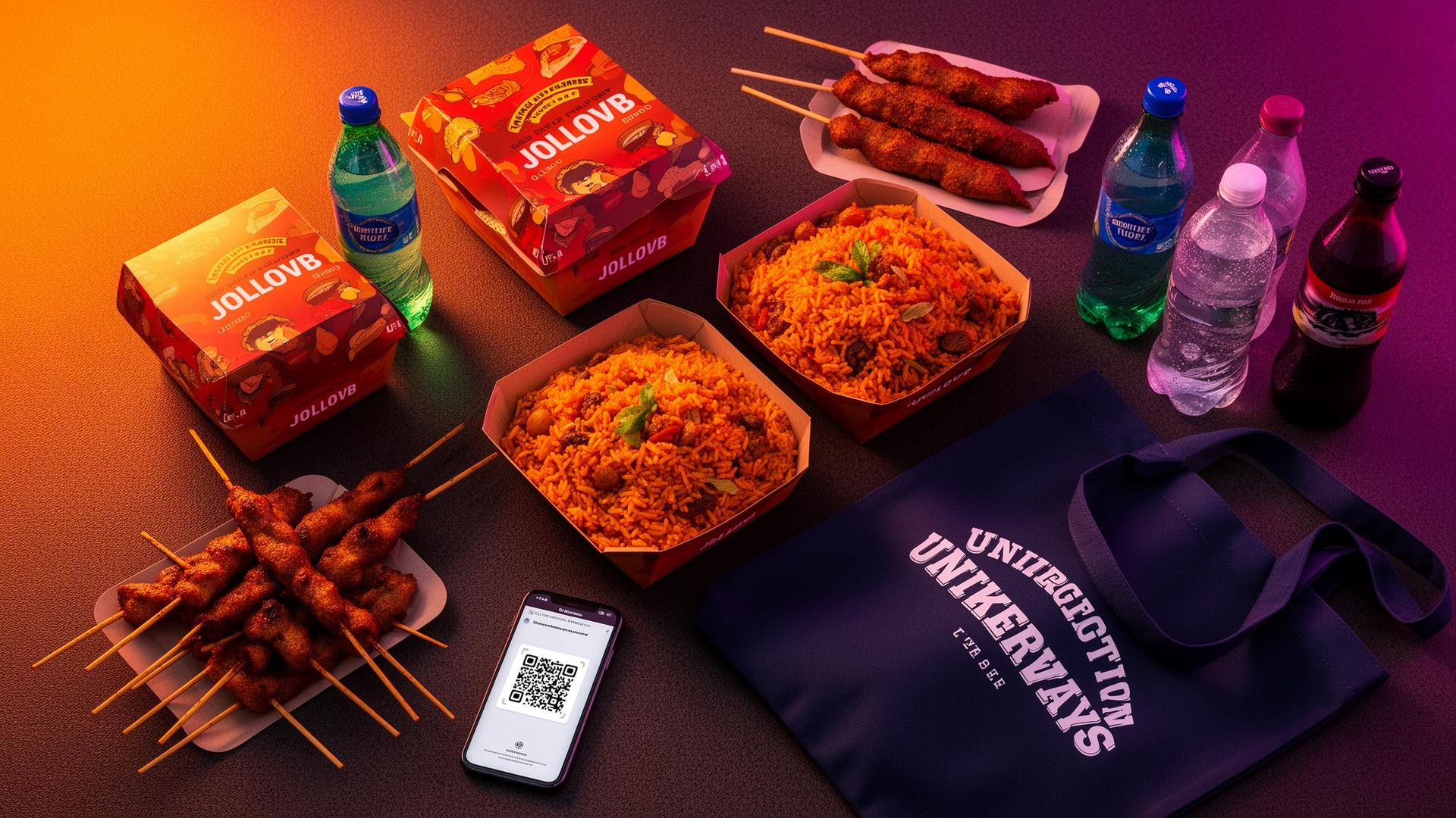 Campus food, products and a phone showing a payment QR code